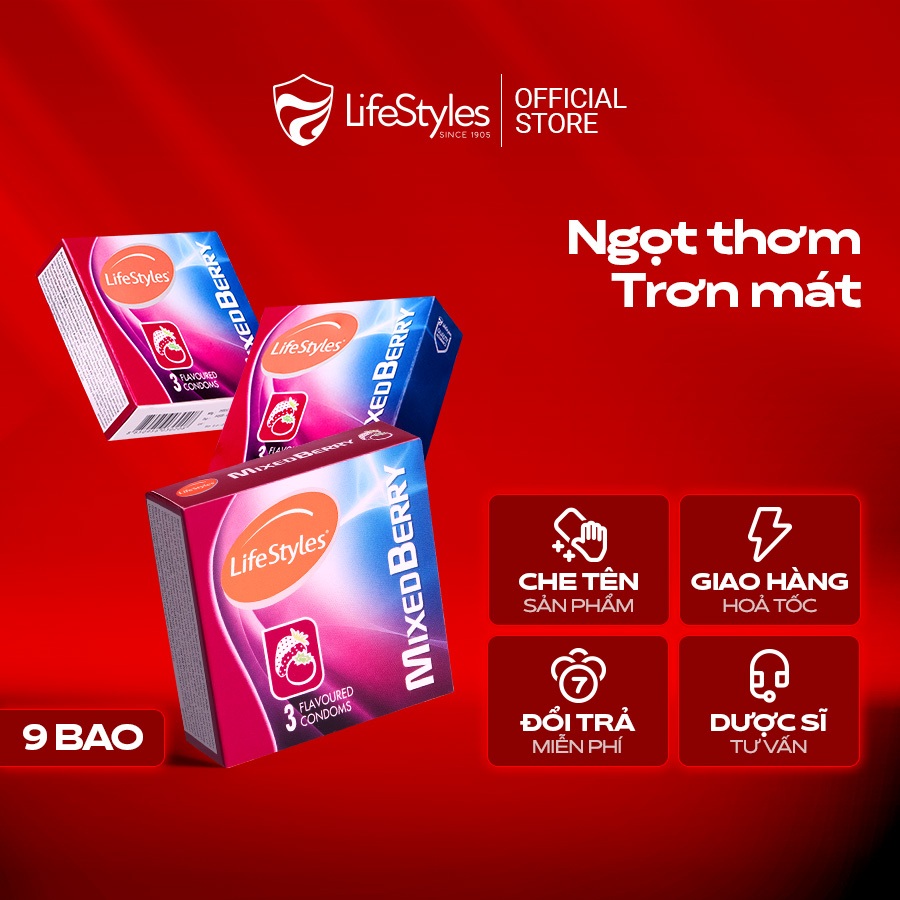 [HSD 6.2026] Bao cao su LifeStyles Mixed Berry Hương dâu cao cấp - Hộp 3 bao