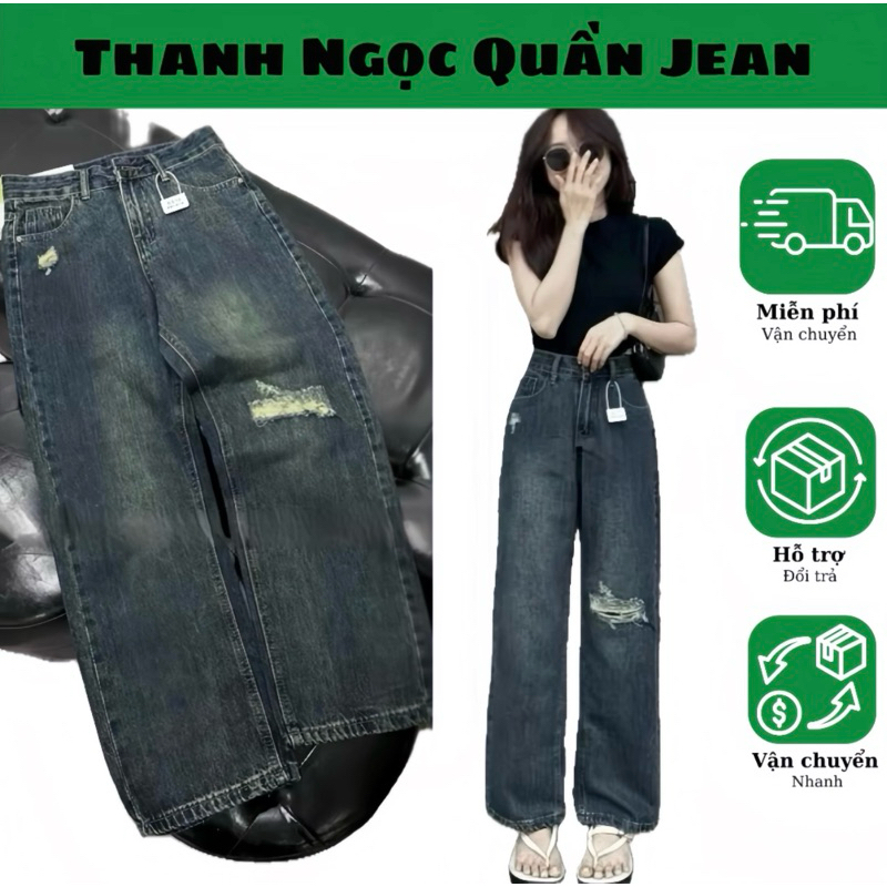 Quần jean lưng cao ống suông phối rách phong cách premium