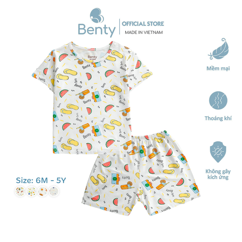 Bộ cộc tay cài vai BENTY full họa tiết mới bé trai bé gái, bộ đồ trẻ em mặc hè phong cách Hàn