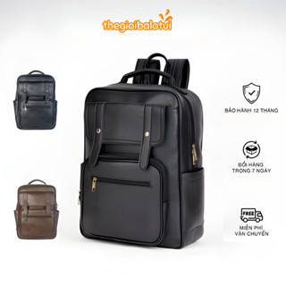  Balo da nam đi học nhiều ngăn balo da pu nam nữ ulzzang chống thấm nước basic trơn đựng laptop 15,6 inch đi học đi làm 