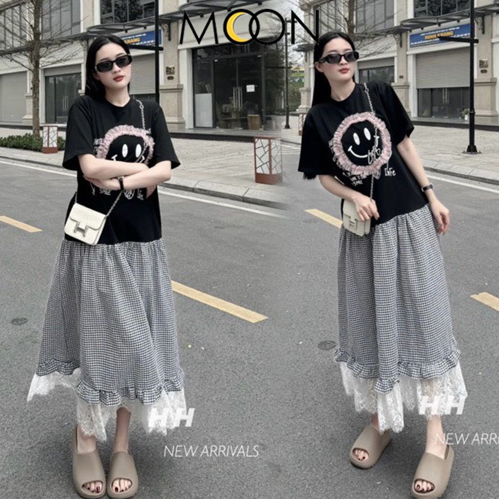 Đầm váy bầu thun cotto dáng dài chân váy kẻ caro phối ren điệu đà họa tiết mặt cười dễ thương V785 Váy bầu cộc tay xinh