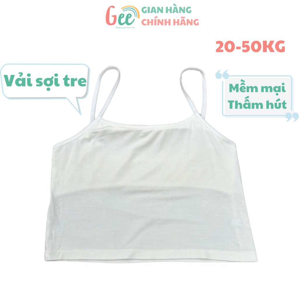Áo lá bé gái Gee hai dây form dài, dây mảnh, áo lót nữ học sinh vải sợi tre size 20-50kg, mềm mịn, thấm hút, co giãn