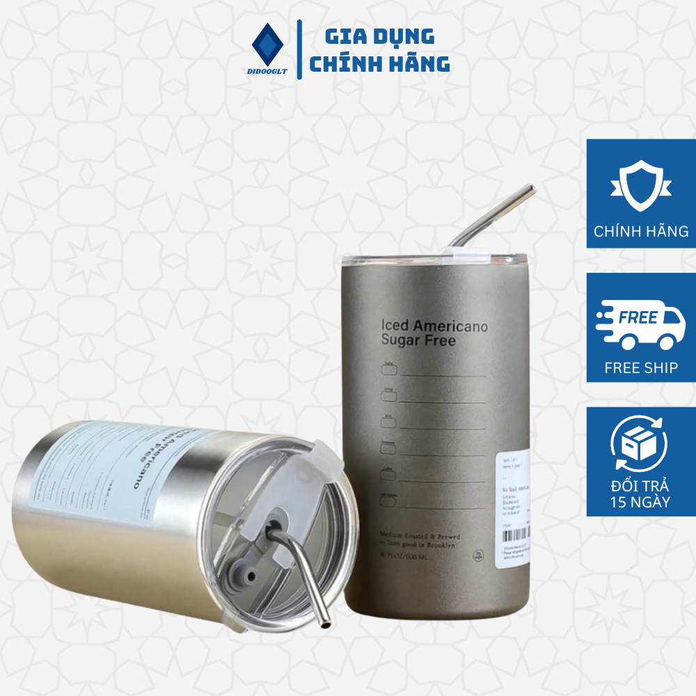 Bình đựng nước giữ nhiệt Iced Americano tặng kèm ống hút dung tích 600ml,Tiện Lợi DIDOOGLT