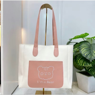 Mã A9 túi xách tote da Pu size 32 thêu gấu dễ thương 3 ngăn( Ảnh thật)