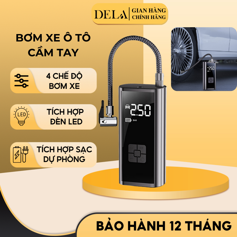 Bơm Lốp Ôtô Điện Tử Không Dây DELADEP, Đa Năng Tích Hợp Đèn Chiếu Sáng Và Sạc Dự Phòng, Động Cơ Nhập Đức BXO02