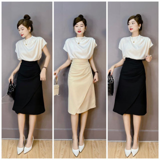  Chân váy dài qua gối nhún eo vạt chéo lệch giấu bụng phong cách Hàn Quốc sang chảnh hẹn hò chân váy công sở dài đi tiệc 