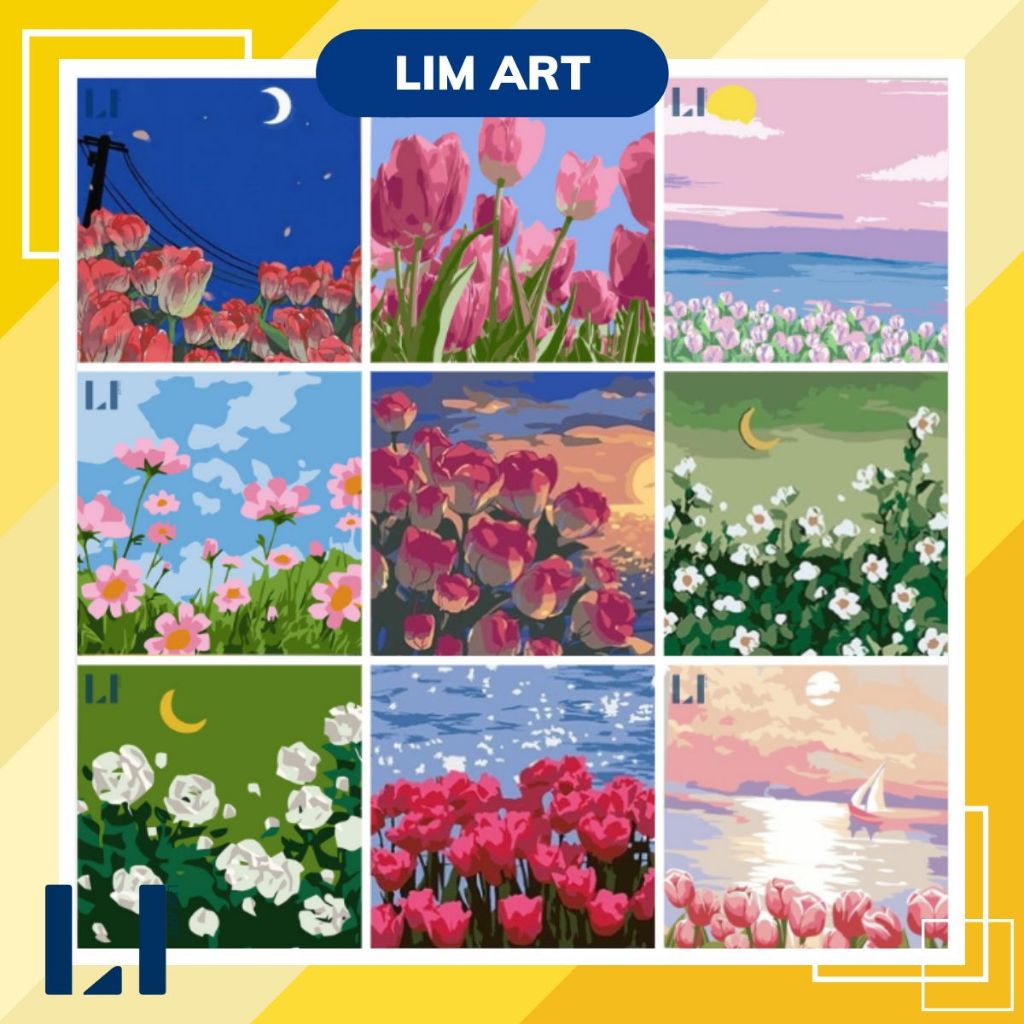 [CÓ KHUNG SẴN] Tranh số hoá hoa tulip, cúc họa mi size 20x20 - Tranh tô màu theo số hoa size nhỏ