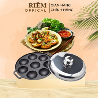 Khuôn Bánh Khọt Gang Chống Dính Cao Cấp Chảo Bánh Khọt Kèm Có Nắp Đậy Nhôm Tráng Men Tiện Lợi RIEM