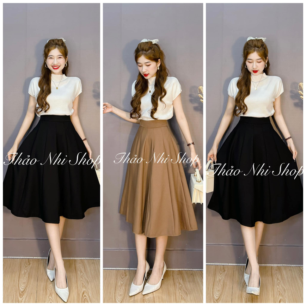  Chân váy xòe dài qua gối cạp cao 12 mảnh khóa sườn dáng chân váy xếp ly công sở lưng cao đi học vải tuyết mưa dày dặn 