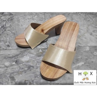 Guốc Gỗ Guốc Mộc Cao 7 Phân Đế Vuông Quai Lụa Bảng Lớn ( đế cao su 2 lớp )