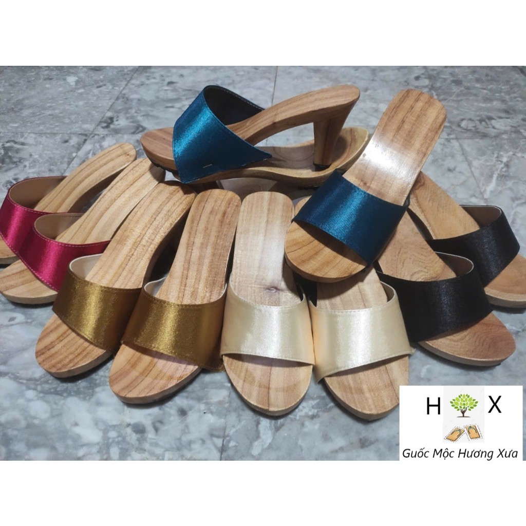 Guốc Gỗ Guốc Mộc Cao 7 Phân Đế Vuông Quai Lụa Bảng Lớn ( đế cao su 2 lớp )