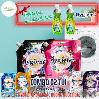 [Bộ 02 x Túi]  5.2 Kg Nước giặt đậm đặc HyGienC Plus giặt sạch quần áo thơm hương hoa - Tặng kèm 02 Chai nước rửa chén