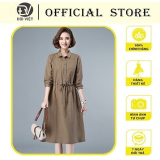 Đầm Công Sở Thu Đông Sơ Mi Cúc Cài Kèm Dây Thắt Lưng Chất Linen Màu Nâu, Xanh Đen Da178