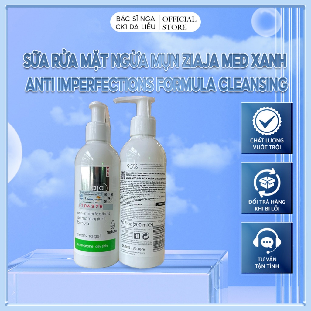 [CHÍNH HÃNG] Sữa rửa mặt ngừa mụn Ziaja Med xanh Anti Imperfections Formula Cleansing (Chai 200ml)