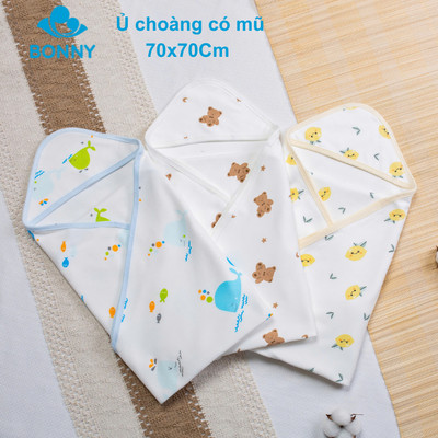 Ủ Choàng Có Mũ BONNY Cotton Mềm Êm Mịn Cho Bé Sơ Sinh (Kt: 70x70Cm)