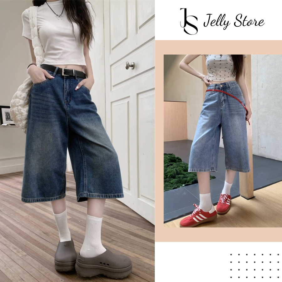 Quần jean lửng nữ ống rộng Jelly quần bò lửng D001 quần short jean cạp cao dài qua gối trend 2024
