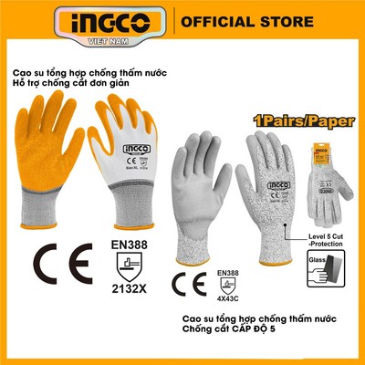 Găng tay chống cắt cấp độ 5 INGCO HGCG01-XL | HGCG02-XL, găng tay Latex HGVL06 cao su tổng hợp và sợi cotton polyester