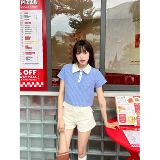 Áo sơ mi cổ polo sọc kẻ ngang , form vừa ôm nhẹ chất kate lanh mềm mịn | BOOM TOP | Secodee