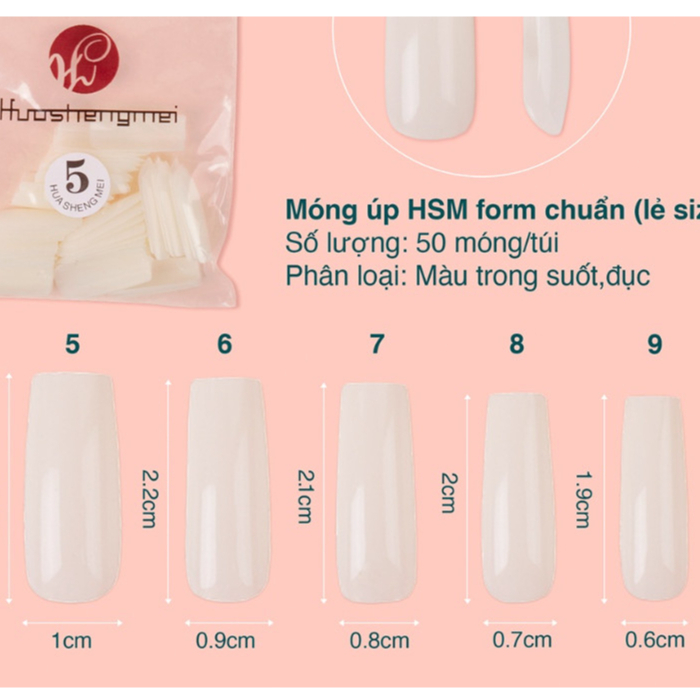 Móng úp lẻ size (56789) túi 50 móng màu đục