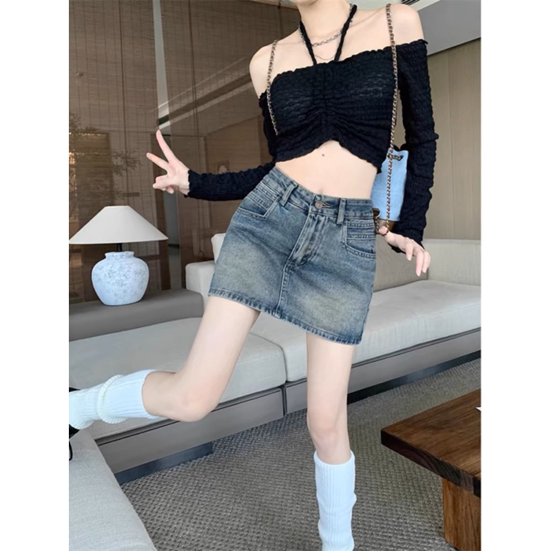 Chân váy jean nữ cạp cao kèm quần trong dáng ngắn, chân váy jean nữ sexy phong cách c57