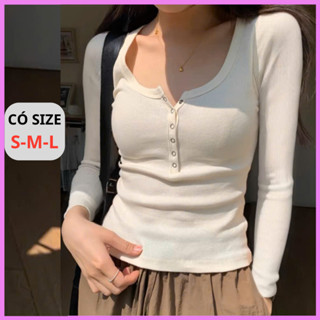 [CÓ SIZE] Áo Thun Kiểu Dài Tay RANSHI Kèm Cúc Bấm Form Dáng Ngắn Basic Dễ Phối Đồ