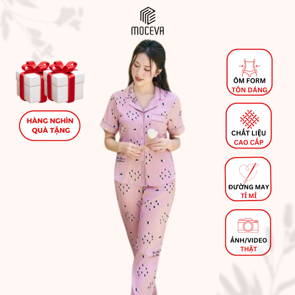 Bộ Pyjama lụa trơn Pháp áo cộc quần dài mềm mại mát Mộc eva L212406