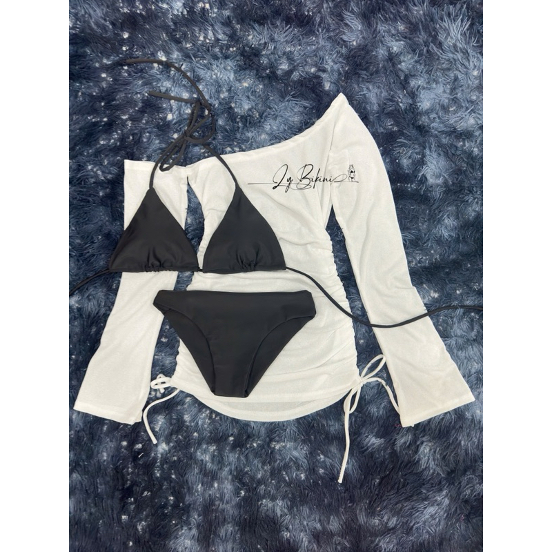 bikini đi biển set 3 mảnh áo khoát rút dây trễ vai tay loe kèm bộ bikini | BigBuy360 - bigbuy360.vn