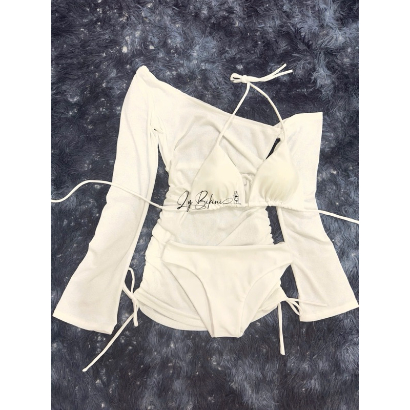 bikini đi biển set 3 mảnh áo khoát rút dây trễ vai tay loe kèm bộ bikini | BigBuy360 - bigbuy360.vn