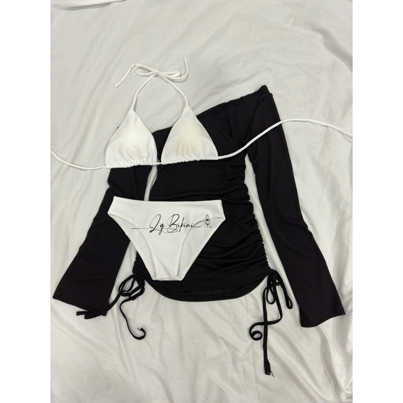 bikini đi biển set 3 mảnh áo khoát rút dây trễ vai tay loe kèm bộ bikini | BigBuy360 - bigbuy360.vn
