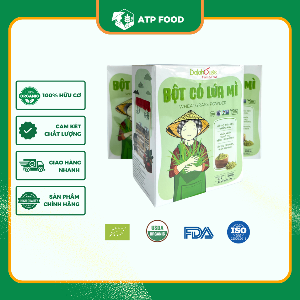 Bột Cỏ Lúa Mì Hộp 60g chứa 20 gói Dalahouse, Bột Rau Hữu Cơ Nguyên Chất Sấy Lạnh, Thải Độc, Hỗ Trợ Tiêu Hóa – ATP Food