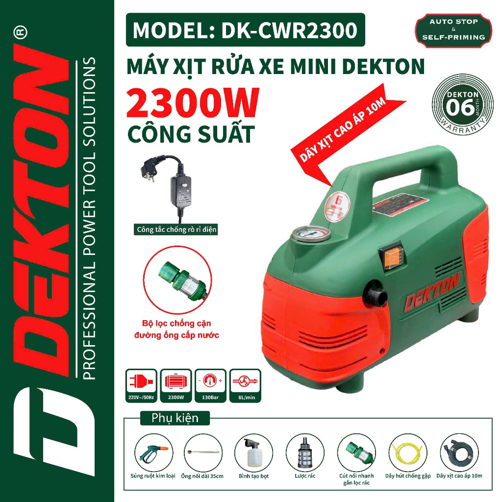 Máy rửa xe áp lực cao DEKTON DK-CWR2300, 2300W, Có chống giật, Động cơ từ