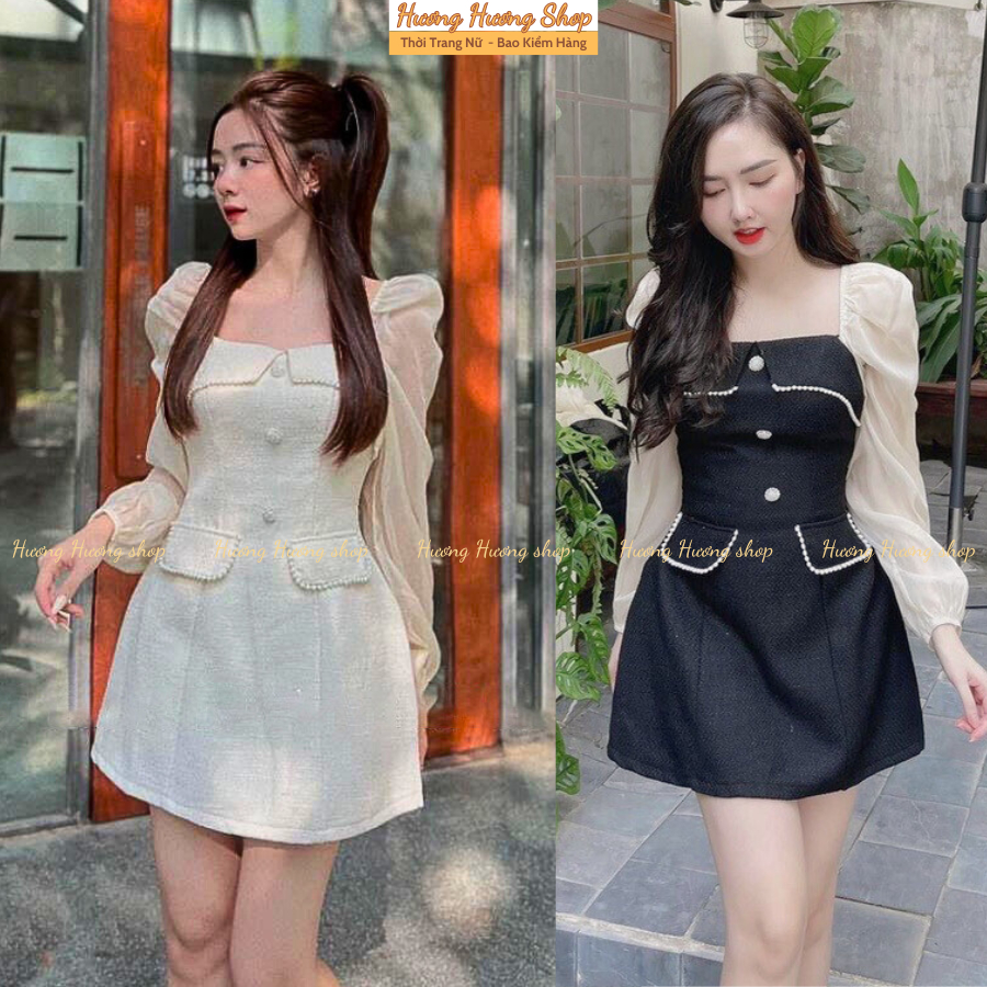 Váy Dạ Tweed Phối Voan Dài Tay Dáng Chữ A Cổ Vuông Đính Viền Ngọc, Đầm Dạ Tweed 2 Lớp Đính Cúc Ngọc 