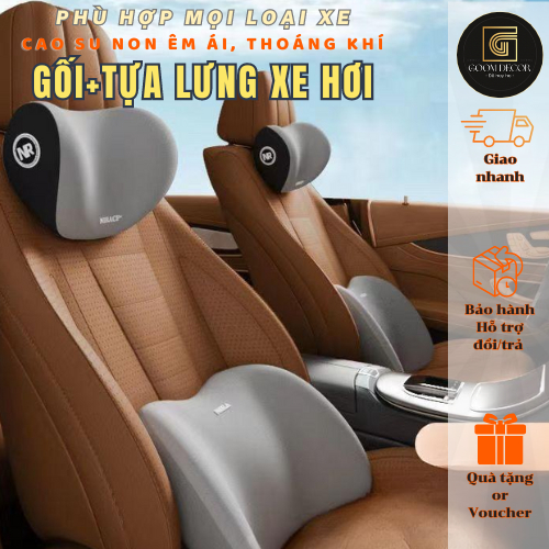 Gối tựa đầu và lưng chống đau mỏi dành cho ô tô, chất liệu cao su non bọc vải co giãn thoáng khí hàng cao cấp