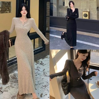 Đầm Len Gân Dáng Xoè Nhẹ Cúc Cổ, Váy Dáng Dài Ôm Body Dài Tay Xuất Xịn -SUZILIAN - S100