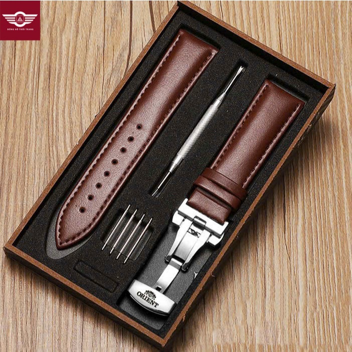 Dây đeo cho đồng hồ Orient, da bò Trơn size 21mm 22mm 20mm khoá bướm 2 nút bấm Kèm Hộp