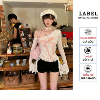 Áo ren trễ vai tay loe đính nơ ngực, áo bèo ren hoa lệch vai tay loe LABEL R01