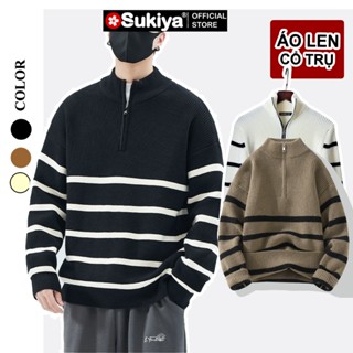 Áo Len Nam Nữ Cổ Trụ SUKIYA Kéo Khóa Họa Tiết kẻ Sọc Form Rộng Phong Cách Hàn Quốc AL81