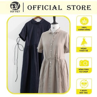 Đầm váy chất linen thiết kế dáng suông có thắt eo, cổ sơ mi lịch sự, sang trọng, thoải mái mẫu mới Đũi Việt