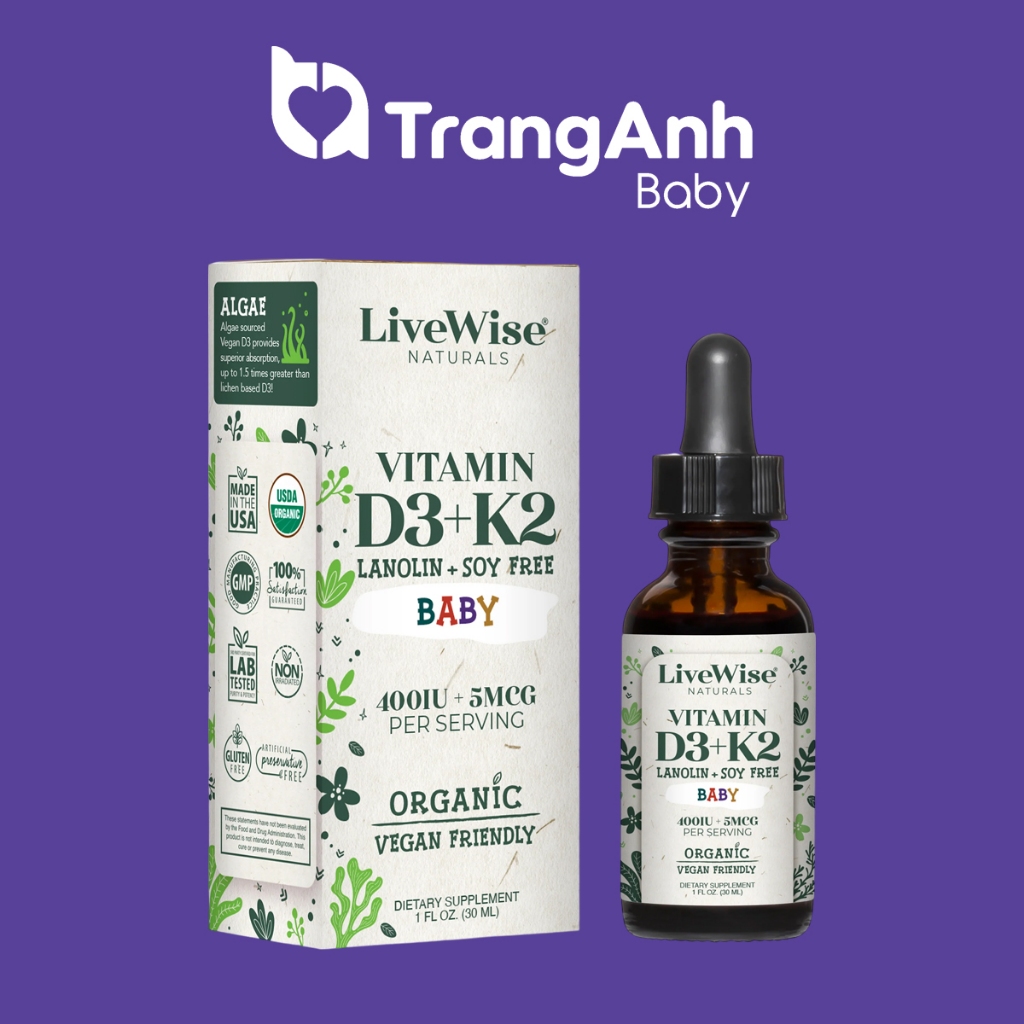 Vitamin D3K2 hữu cơ dạng nhỏ giọt LiveWise Mỹ giúp bé phát triển chiều cao