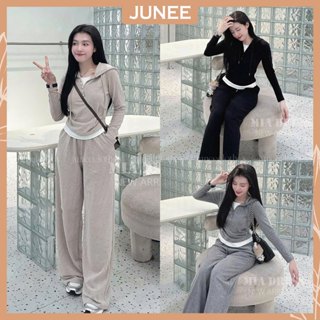 Set Bộ Đồ Nữ Áo Hoodie Tăm Dài Tay Có Mũ Phối Lót Lớp Cổ Cúc Cài Mix Quần Dài Suông Ống Rộng Freesize