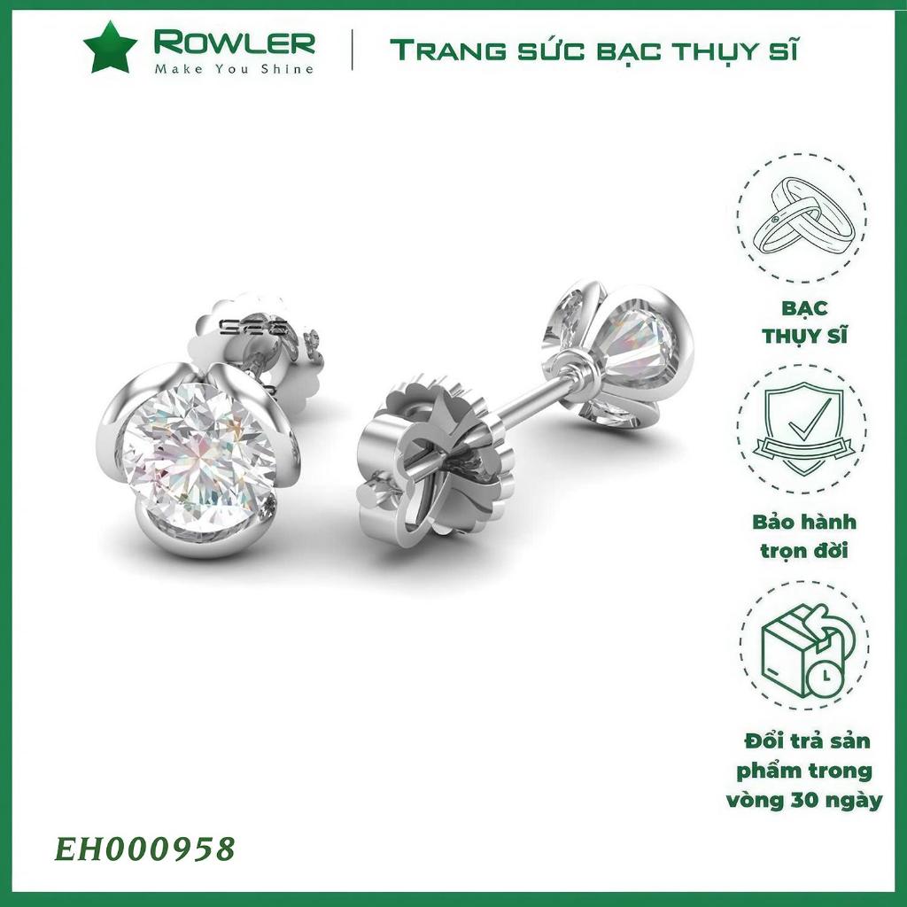 Bông tai bạc nữ Thụy Sĩ 3 chấu đế hoa đá Moissanite 5.0 ly sáng lấp lánh ROWLER EH000958