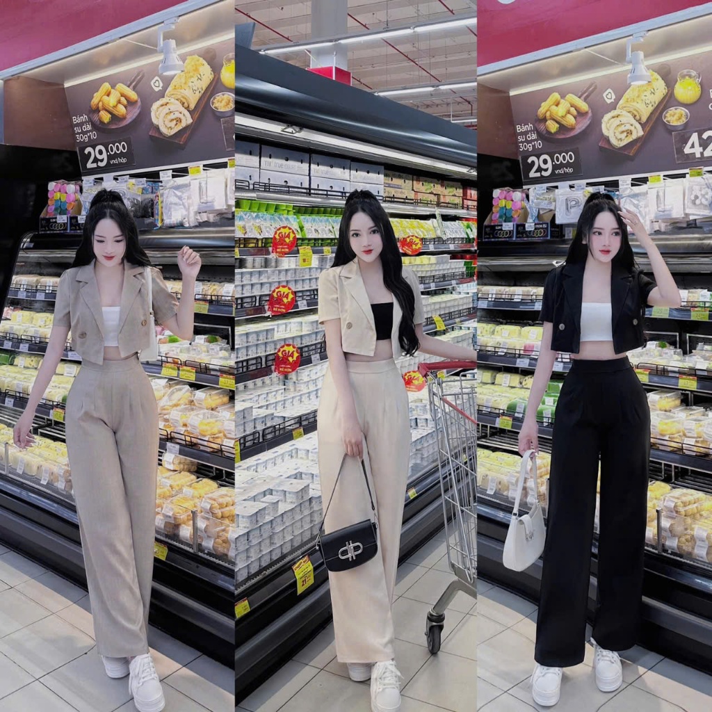 Set bộ thiết kế 3 món sang chảnh, thanh lịch 3 màu cho nàng,áo vest crotop tay ngắn mix quần 9 tấc kèm áo trong- SHOPNGÔ