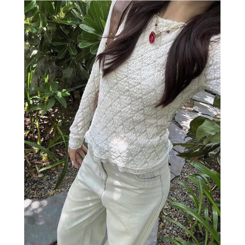 (ẢNH LOẠI 1) Áo Ren Mỏng Nhẹ Chất Liệu Thun Xốp Forly Offical Áo Ren Dài Tay Phối Hoạ Tiết Trám - Bun222 | BigBuy360 - bigbuy360.vn