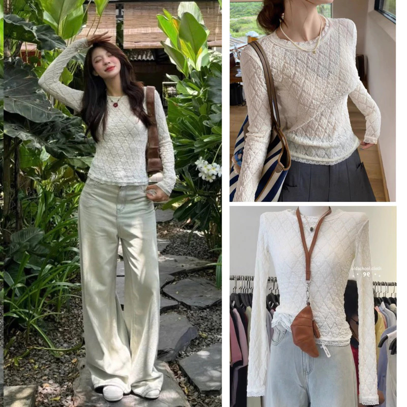 (ẢNH LOẠI 1) Áo Ren Mỏng Nhẹ Chất Liệu Thun Xốp Forly Offical Áo Ren Dài Tay Phối Hoạ Tiết Trám - Bun222 | BigBuy360 - bigbuy360.vn