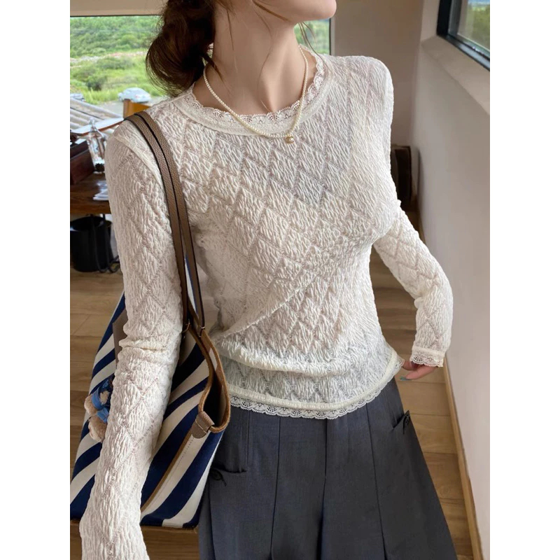 (ẢNH LOẠI 1) Áo Ren Mỏng Nhẹ Chất Liệu Thun Xốp Forly Offical Áo Ren Dài Tay Phối Hoạ Tiết Trám - Bun222 | BigBuy360 - bigbuy360.vn