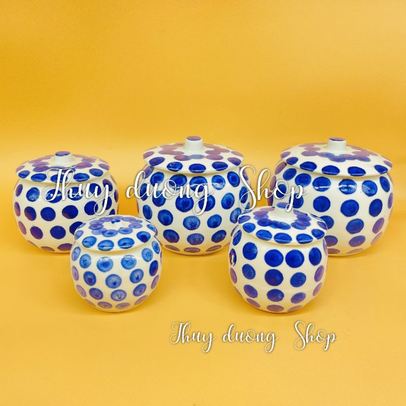 Hũ đựng mỡ , gia vị bằng sứ có nắp đậy chấm bi