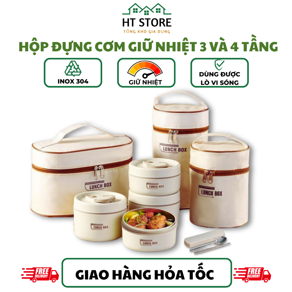 Hộp Đựng Cơm Giữ Nhiệt Lunch Box Kèm Túi, Hộp Cơm Văn Phòng 3 và 4 Tầng Cao Cấp Quay Được Lò Vi Sóng