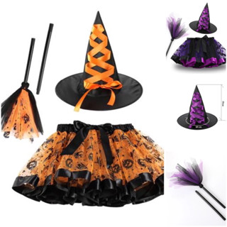   HALLOWEEN  Set Chân Váy Tutu + Mũ + Chổi Cho Bé Gái Hoá Trang Phù Thuỷ Halloween Trung Thu Tiệc Sinh Nhật Biểu Diễn 