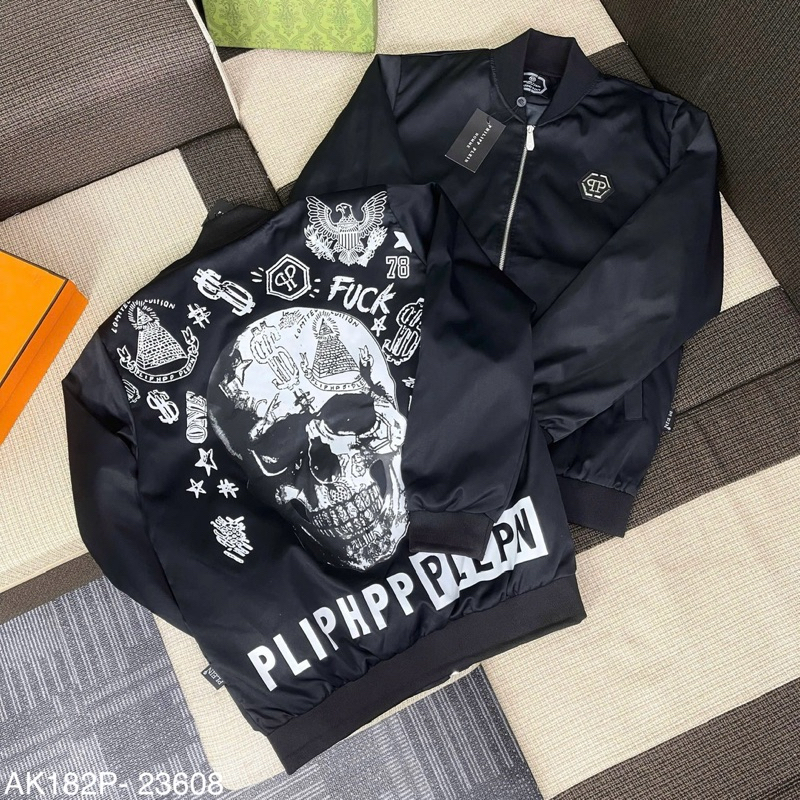Áo khoác bomber gió nam nữ Philipp Plein thêu logo sắt ngực phối hoạ tiết hình đầu lâu lưng boy phố AK182P