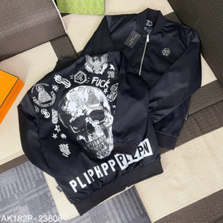 Áo khoác bomber gió nam nữ Philipp Plein thêu logo sắt ngực túi zip tay phối xương đầu lâu lưng cho các boy phố đi chơi